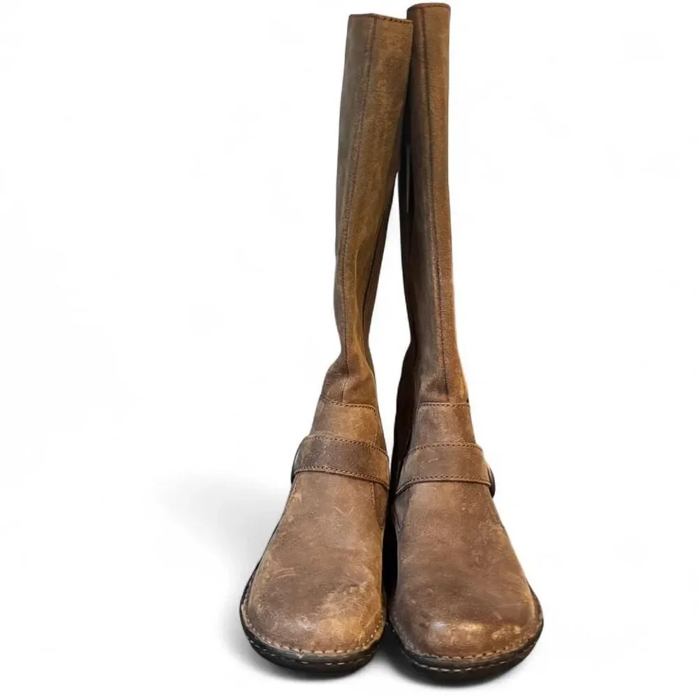 Born Knee High Boots Women’s 7 Brown Distressed Leather Buckle Tall Boots